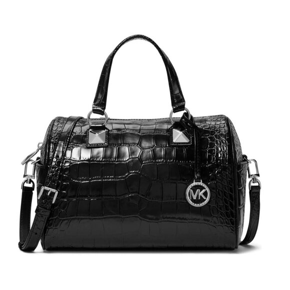Michael Kors Grayson Med Metallic Crocodile Embossed Leather Satchel Black NWT - Picture 1 of 2